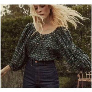 Doen Jeanne Top in Mirbeau’s Garden – Black Floral Peasant Blouse, XS